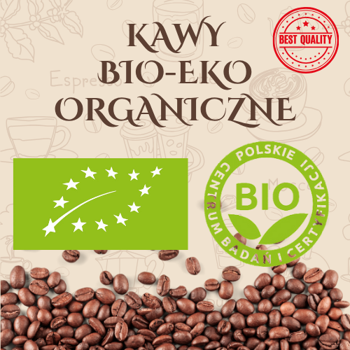 Grafika prezentuje serię kaw BIO–EKO–ORGANICZNYCH, podkreślając ich naturalne i certyfikowane pochodzenie.  Na jasnobeżowym tle widać:  na górze napis „KAWY BIO–EKO ORGANICZNE” w eleganckiej, ciemnobrązowej czcionce,  po lewej stronie zielony znak liścia z gwiazdek – oficjalne logo rolnictwa ekologicznego UE,  po prawej stronie zielony symbol z napisem „BIO” i okrągłym napisem „Polskie Centrum Badań i Certyfikacji”,  na dole pas ziaren kawy, nadający kompozycji ciepło i naturalny charakter,  w prawym górnym rogu czerwony stempel „BEST QUALITY”, który wzmacnia przekaz jakości premium.