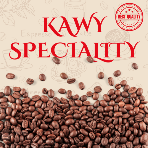 Grafika przedstawia reklamowy motyw kawowy z napisem „KAWY SPECIALITY” w eleganckiej, czerwonej czcionce.  Dolną część obrazu wypełniają ziarna kawy — błyszczące, brązowe, tworzące gęsty pas, który nadaje kompozycji głębi i aromatycznego charakteru. Tło jest jasnobeżowe, z delikatnymi rysunkami filiżanek, ekspresu i nazw rodzajów kaw (np. espresso, latte), co subtelnie podkreśla tematykę. W prawym górnym rogu znajduje się czerwony stempel z napisem „BEST QUALITY”, sugerujący wysoką jakość produktu.