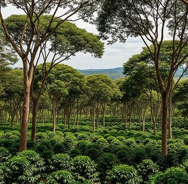 ekologiczna plantacja kawy wśród drzew. Szeroki, naturalny kadr z miękkim światłem