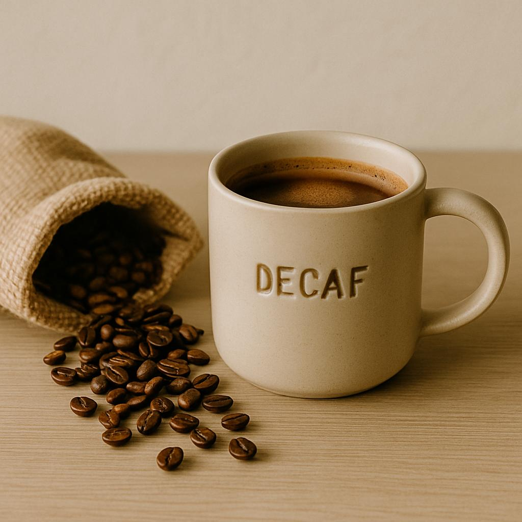 filiżanka espresso bezkofeinowego, miękkie naturalne światło, kremowa ceramika, kawowy brąz i minimalistyczna kompozycja