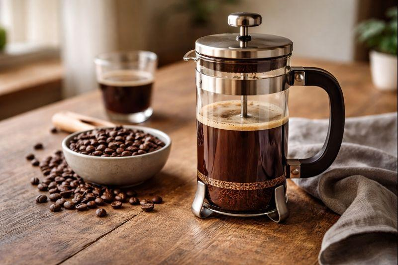 French press z kawą podczas parzenia