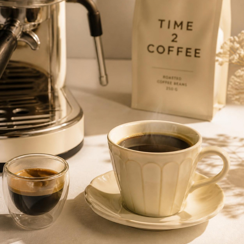 espresso z ekspresu, miękkie naturalne światło, kremowa filiżanka