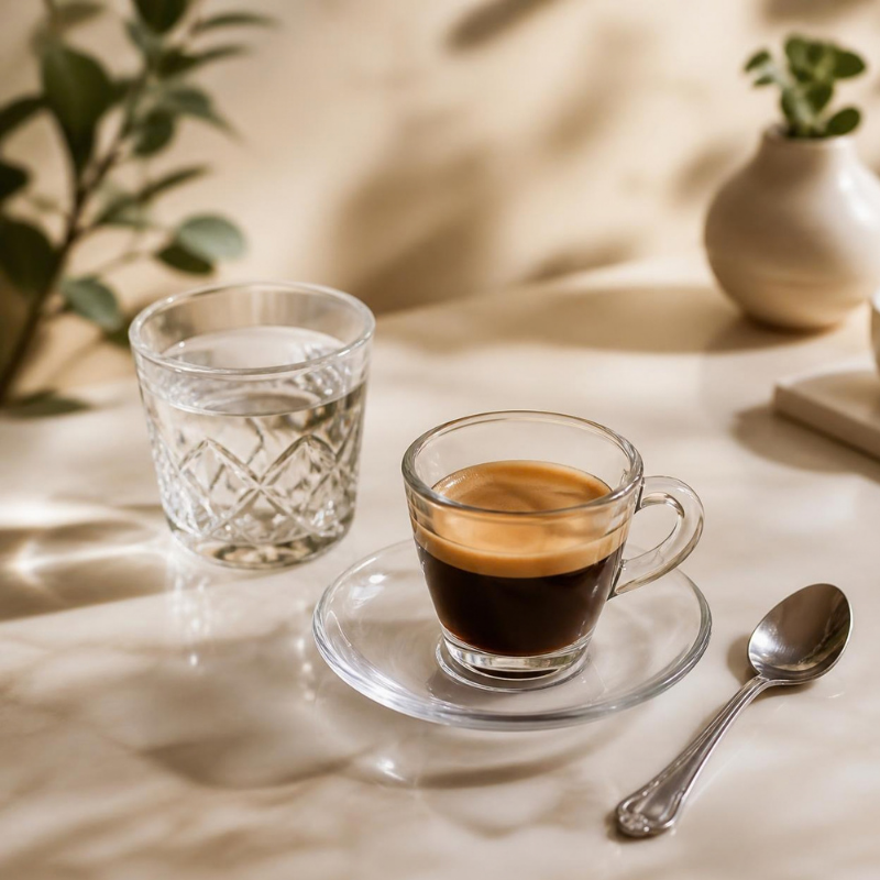 eleganckie espresso z dodatkami ustawionymi osobno szklanką wody i łyżeczką, jasne i naturalne otoczenie, kremowe tło