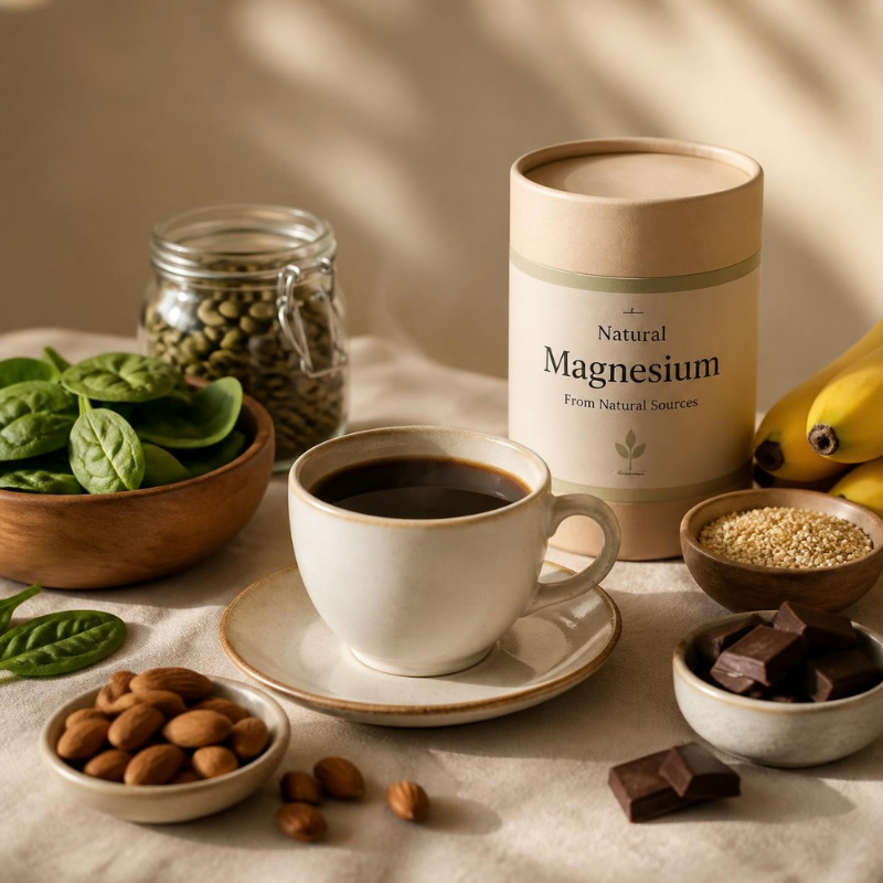 naturalne produkty kojarzone z magnezem i piękna, klasyczna, kremowa filiżanka z lekko parującą czarną kawą, elegancka ciepła fotografia, kremowe tło, miękkie naturalne światło