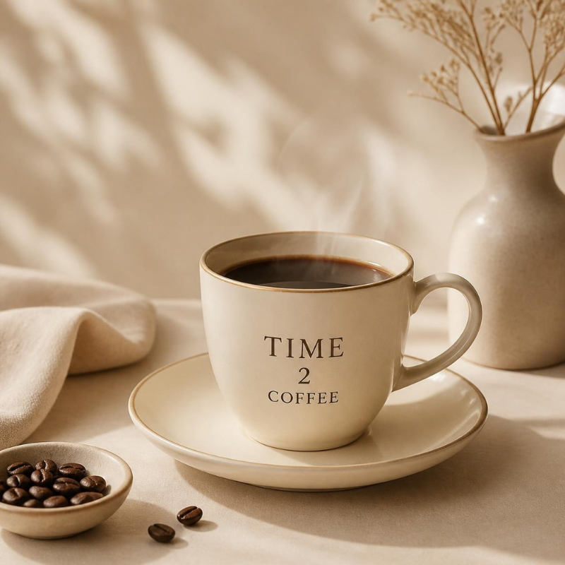 ujęcie lifestyle, piękna klasyczna kremowa filiżanka z lekko parującą czarną kawą, elegancka ciepła fotografia, kremowe tło, miękkie naturalne światło, marka TIME 2 COFFEE na filiżance