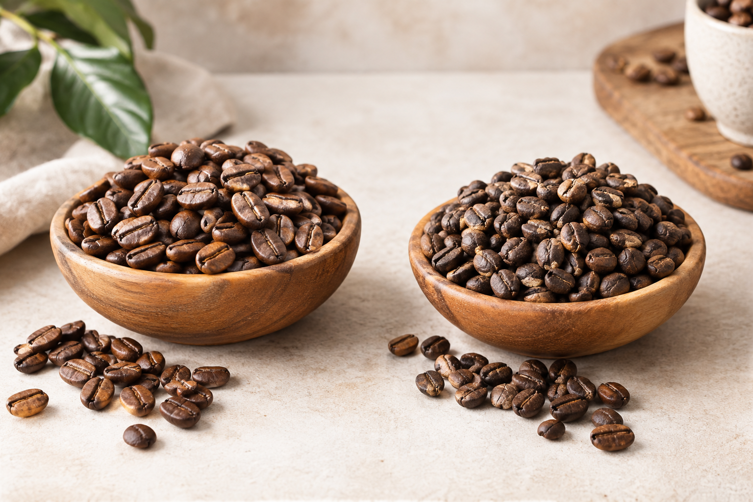 Szerokie, naturalne ujęcie dwóch rodzajów ziaren w jasnej aranżacji — arabika i robusta pokazane obok siebie