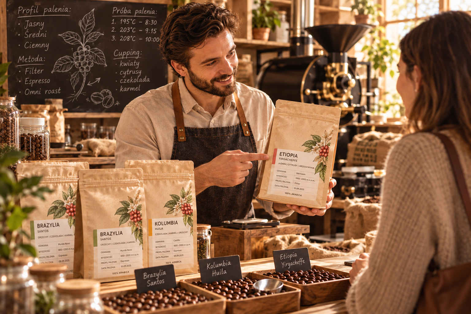 Zakup kawy w palarni lub sklepie: rozmowa z palaczem albo baristą, papierowe opakowanie na pierwszym planie i ziarna widoczne w tle. Ciepłe, miękkie światło i elegancki, naturalny minimalizm.