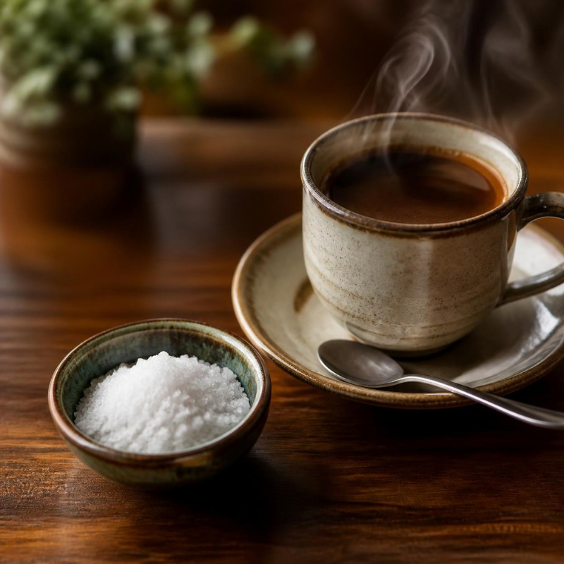 sól w małej ceramicznej miseczce obok filiżanki kawy, elegancka ciepła fotografia produktowa, miękkie światło