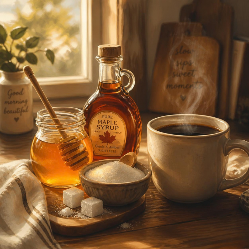 miód, syrop klonowy i cukier, elegancka ciepła fotografia produktowa, kremowo-beżowe tło, miękkie naturalne światło