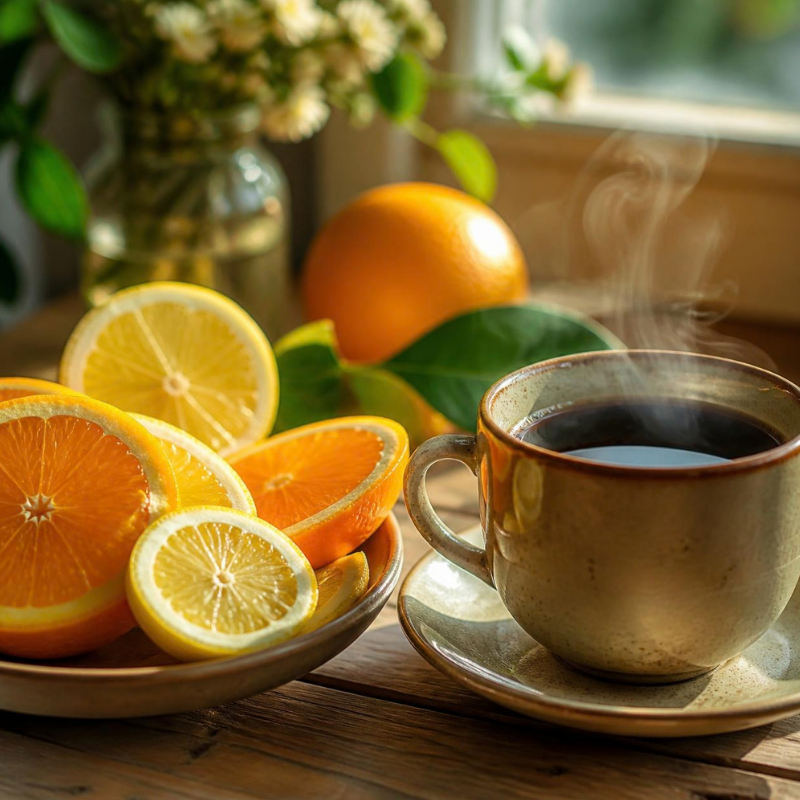 Cytryna, limonka i skórka pomarańczy w towarzystwie gorącej czarnej kawy