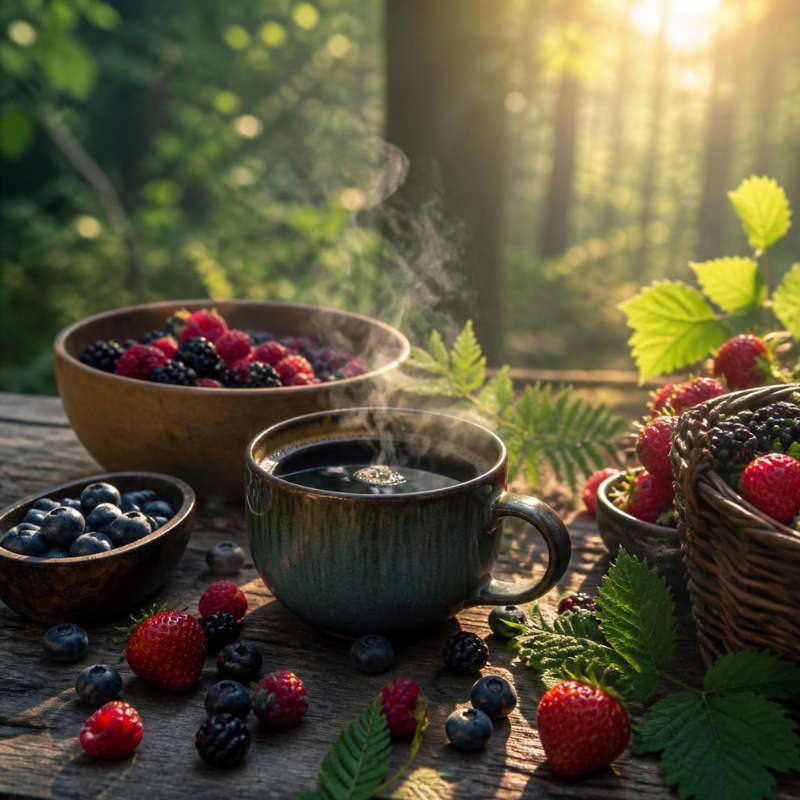 jagody, maliny i wiśnie obok filiżanki kawy, elegancka ciepła fotografia produktowa, naturalne kolory, miękkie światło